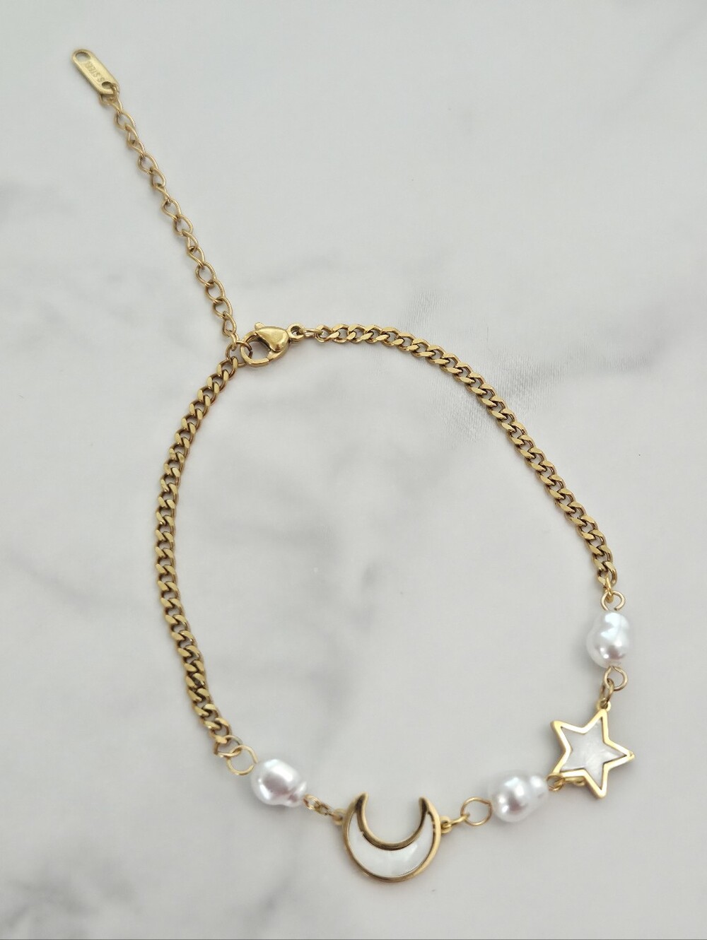 Gold Celestial Anklet Pearl Crescent Moon Star Charm Bracelet - Picture 12 of 16